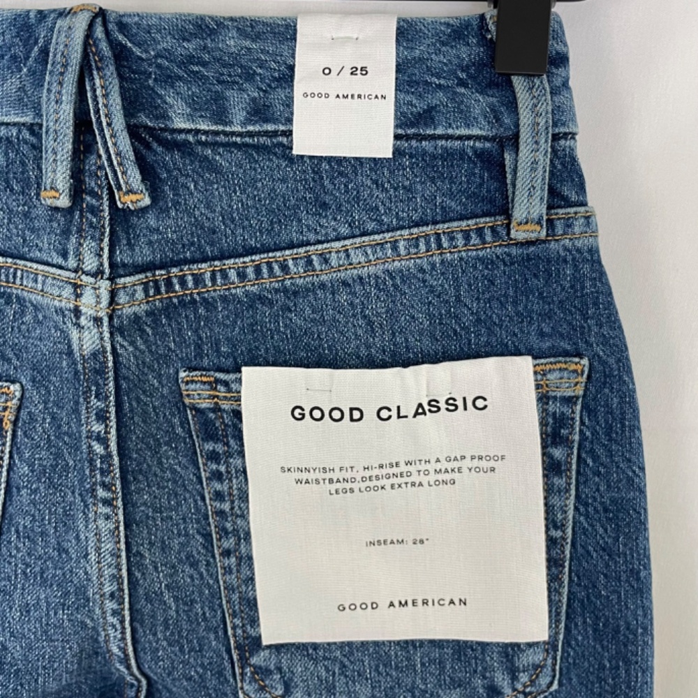 New Good American Slim Straight High Rise Raw Hem Ankle Jeans Blue Size 0 / 25 - Picture 11 of 16